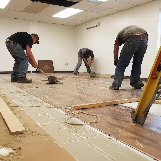 workers who install wooden floors in a room in New York